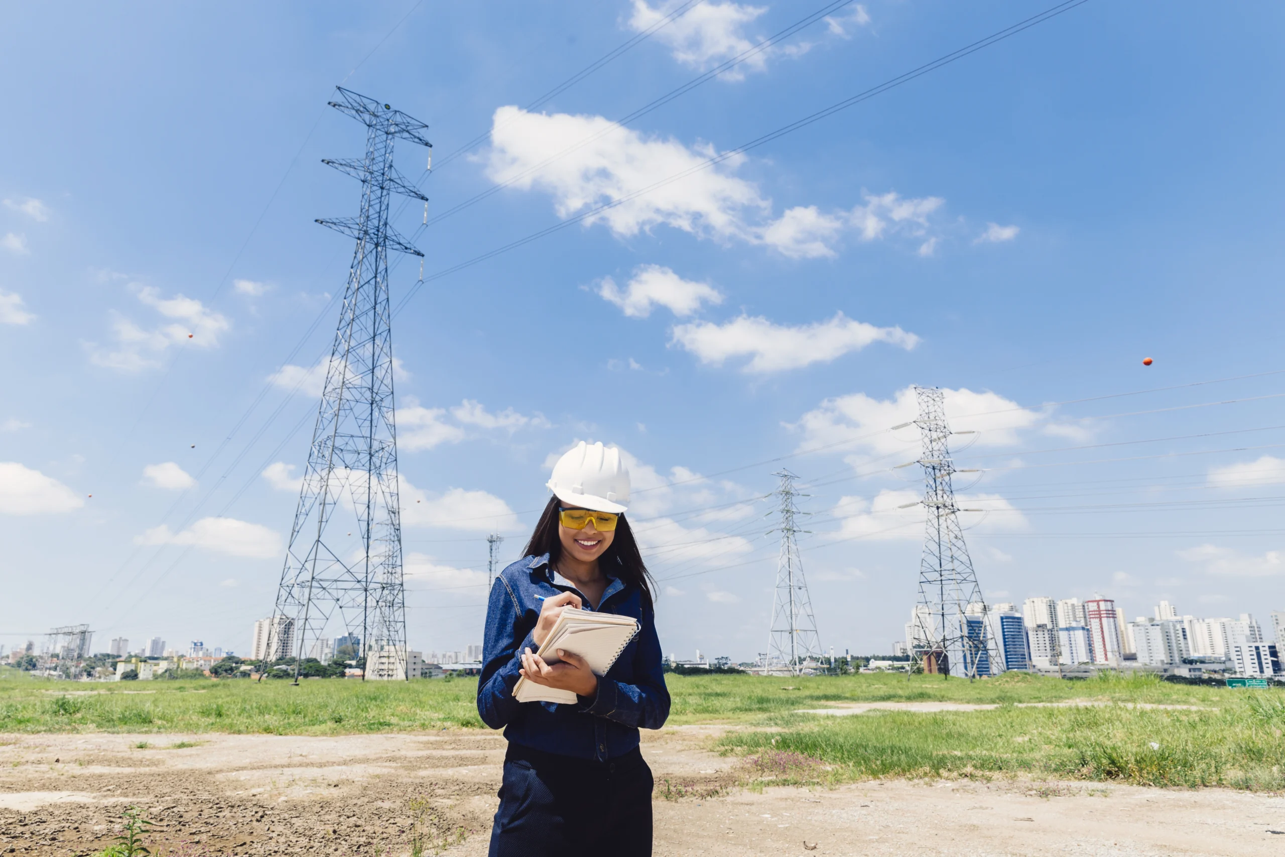 happy african american lady safety helmet taking notes near high voltage line scaled