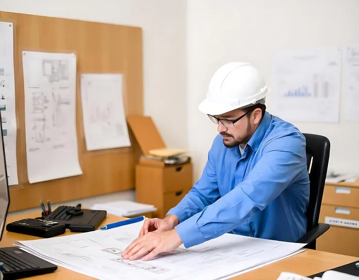 man blue shirt is sitting table with blueprint it 1287839 410