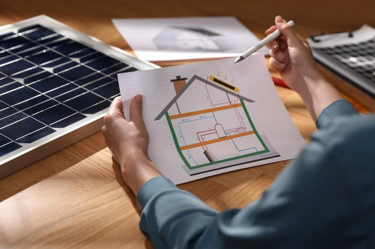 woman working house project with solar panels table office closeup 495423 31989
