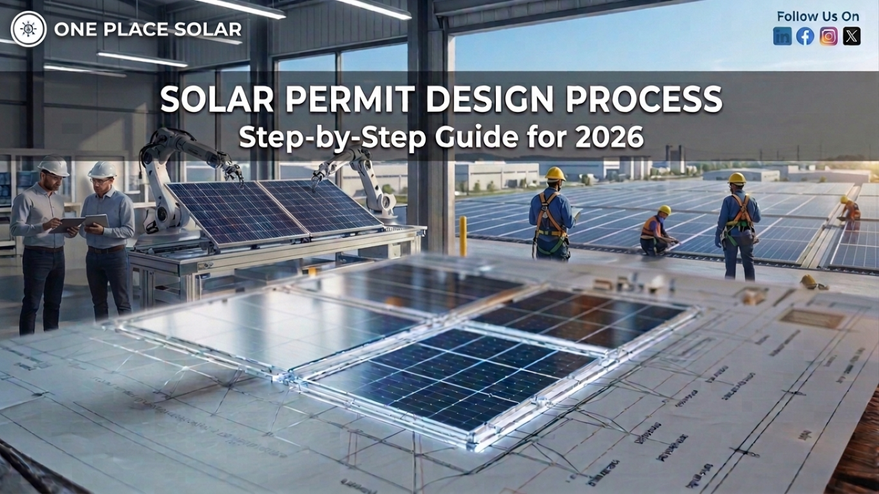 A professional solar engineering workshop and outdoor solar farm background with a central overlay title "Solar Permit Design Process: Step-by-Step Guide for 2026." The "One Place Solar" logo is in the top left, and engineers are shown working on solar panel installations