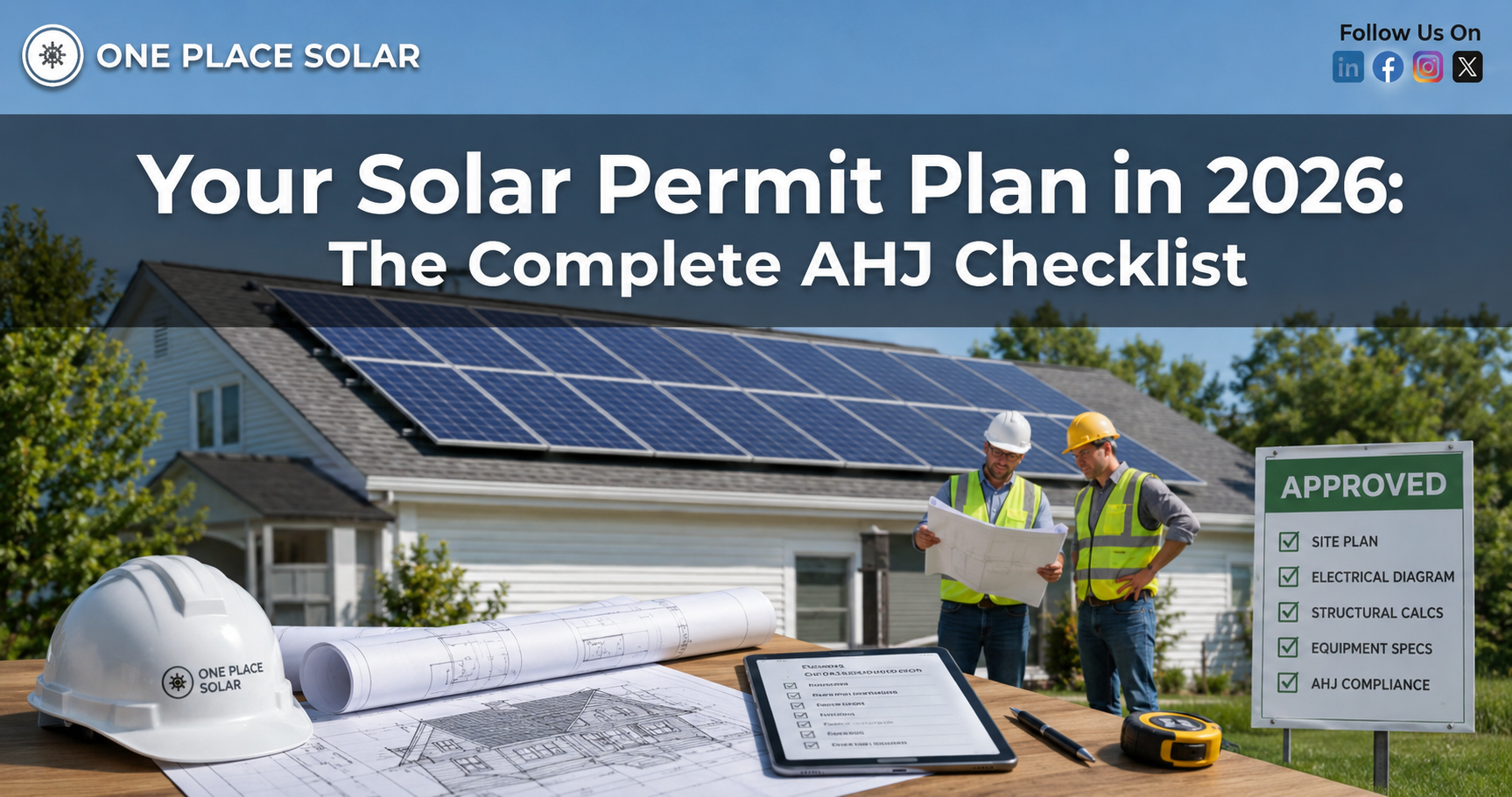Residential solar permit planning scene featuring a solar-powered home, engineers reviewing blueprints, and an AHJ compliance checklist for 2026
