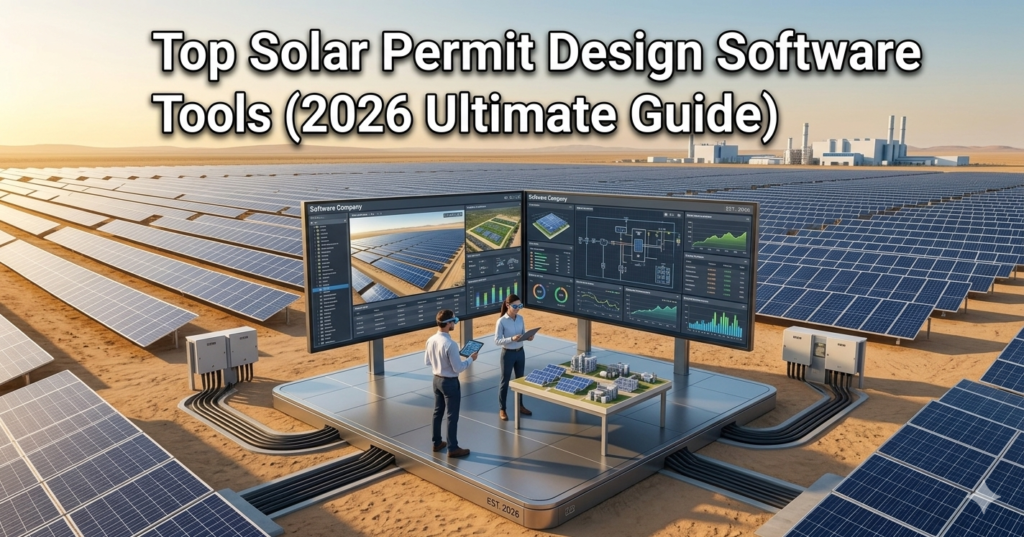 Engineers using advanced solar permit design software tools to analyze large-scale solar farm layouts and system performance in 2026