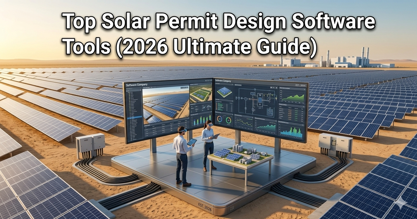 Engineers using advanced solar permit design software tools to analyze large-scale solar farm layouts and system performance in 2026