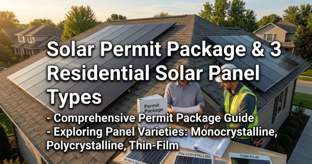 An overhead view of a suburban house roof with installed solar panels and two professionals reviewing documents. Text overlays explain "Solar Permit Package" and identify three panel types on a table below: "MONOCRYSTALLINE," "POLYCRYSTALLINE," and "THIN-FILM