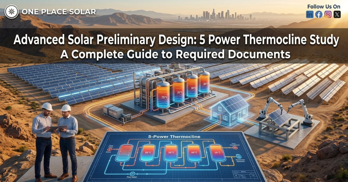 An image banner for "One Place Solar" featuring two engineers reviewing a blueprint on a digital tablet in a desert utility-scale solar farm. The background shows rows of solar panels, a thermal energy storage system with five tanks indicating temperature gradients, and a city skyline on the distant horizon. The text overlay reads "Advanced Solar Preliminary Design: 5 Power Thermocline Study"