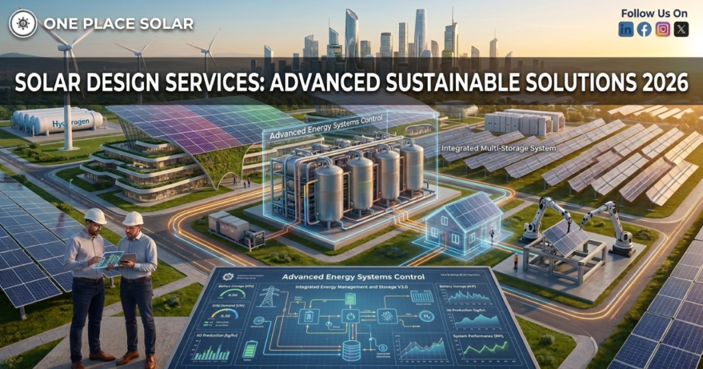 A futuristic solar farm banner featuring two engineers looking at a digital schematic titled 'Advanced Energy Systems Control'. The background showcases solar panels, wind turbines, hydrogen storage tanks, an automated robotic arm assembling panels, and a modern city skyline under a morning sky.