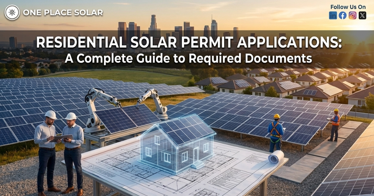 Residential solar permit applications guide showing engineers reviewing plans, robotic solar panel installation, and a residential neighborhood with rooftop solar panels at sunset