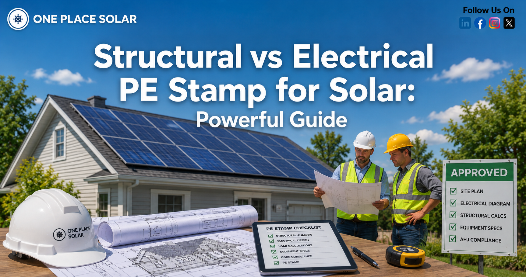 Residential solar installation with rooftop solar panels, engineers reviewing plans, PE stamp checklist, approved permit board, and construction safety equipment illustrating structural vs electrical PE stamps for solar projects