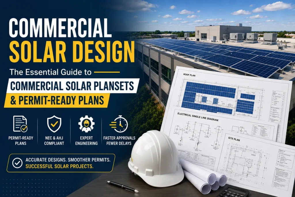Commercial solar design featuring a rooftop solar installation and commercial solar planset with permit-ready engineering drawings.