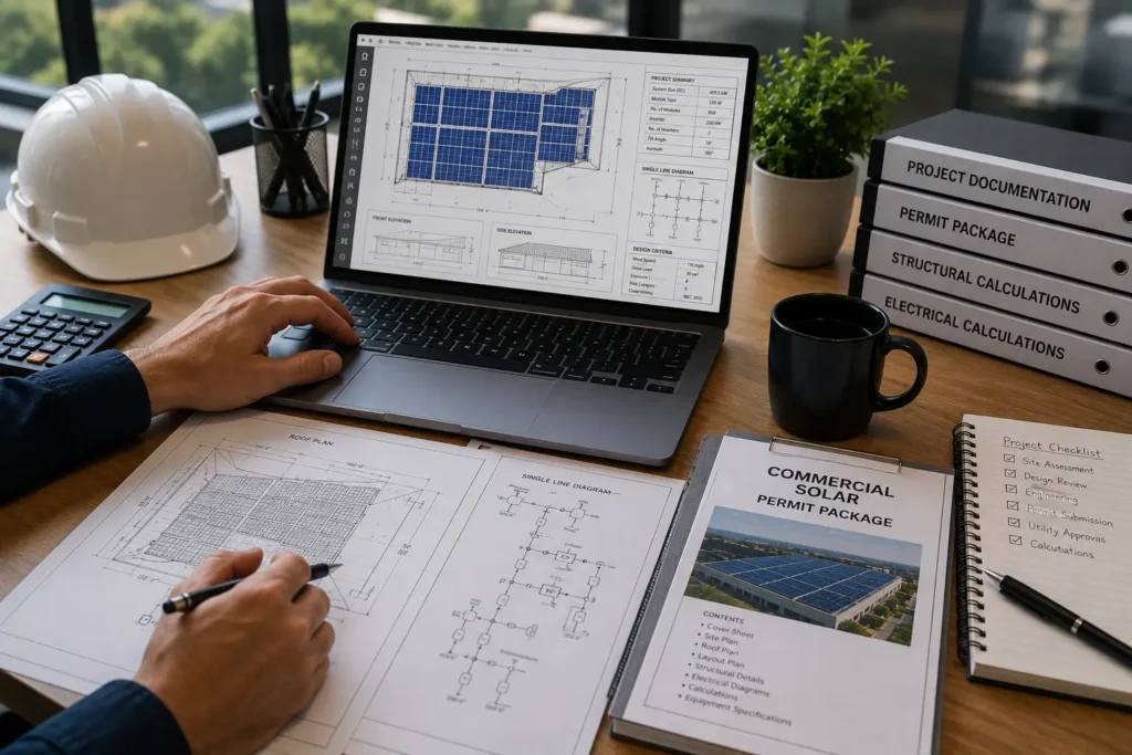 Commercial solar design services workspace with solar engineering plans and permit documentation.