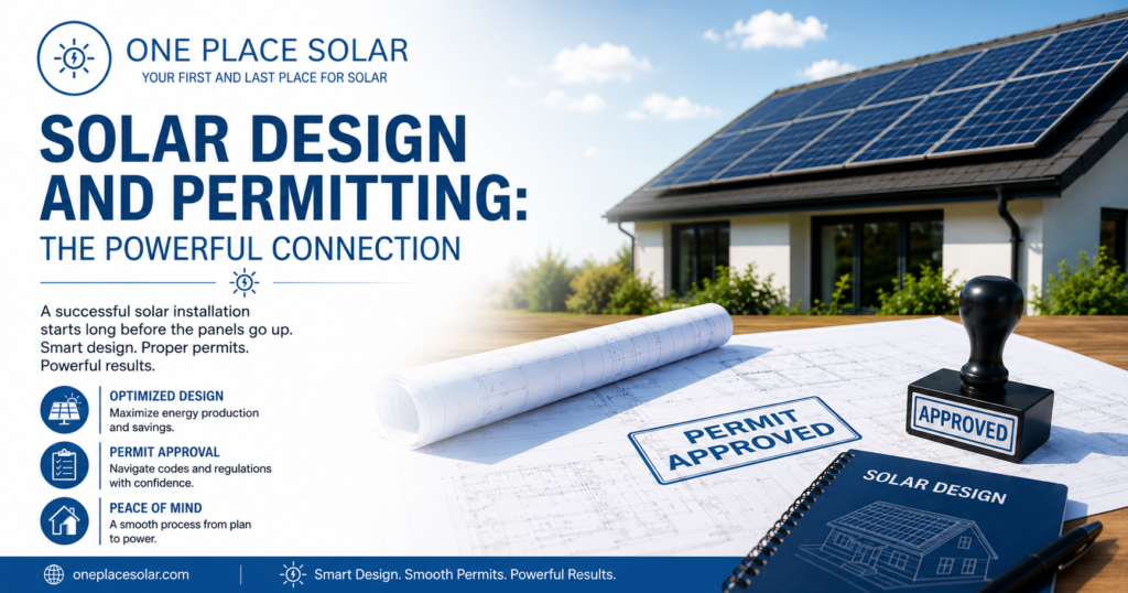Solar design and permitting process illustration featuring a solar-powered home, permit-approved stamp, engineering plans, and One Place Solar branding