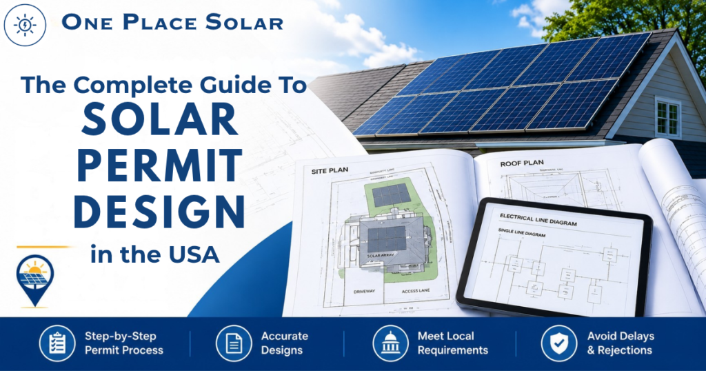 Professional blog banner featuring residential solar panels, solar permit design plans, engineering drawings, and One Place Solar branding with the title "The Complete Guide to Solar Permit Design in the USA.
