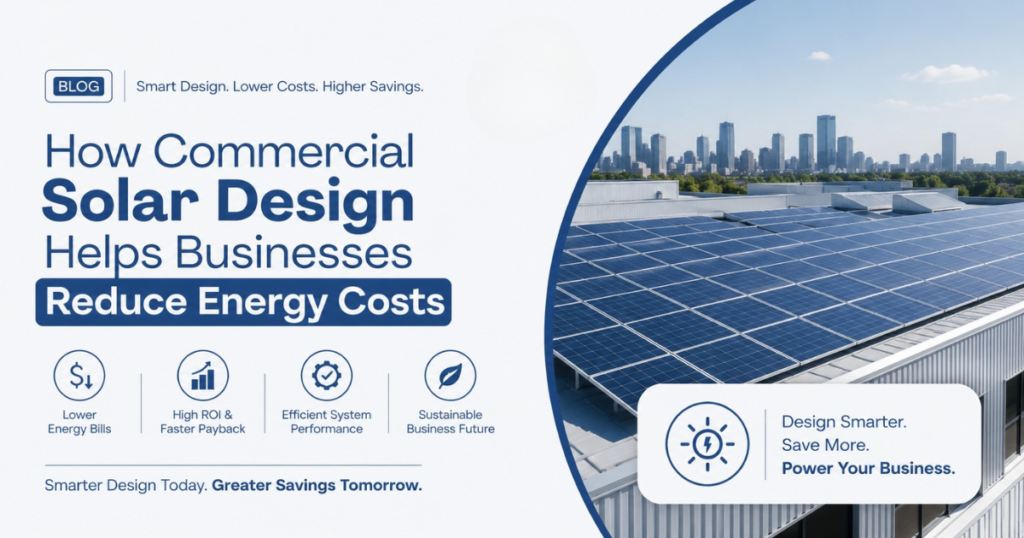 Commercial solar design blog banner featuring rooftop solar panels on a commercial building, blue corporate branding, and benefits such as lower energy bills, higher ROI, efficient system performance, and sustainable business growth